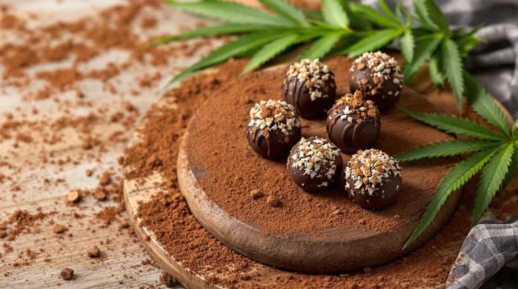 Cannabis chocolate truffles on a wooden board with cocoa powder and cannabis leaves.