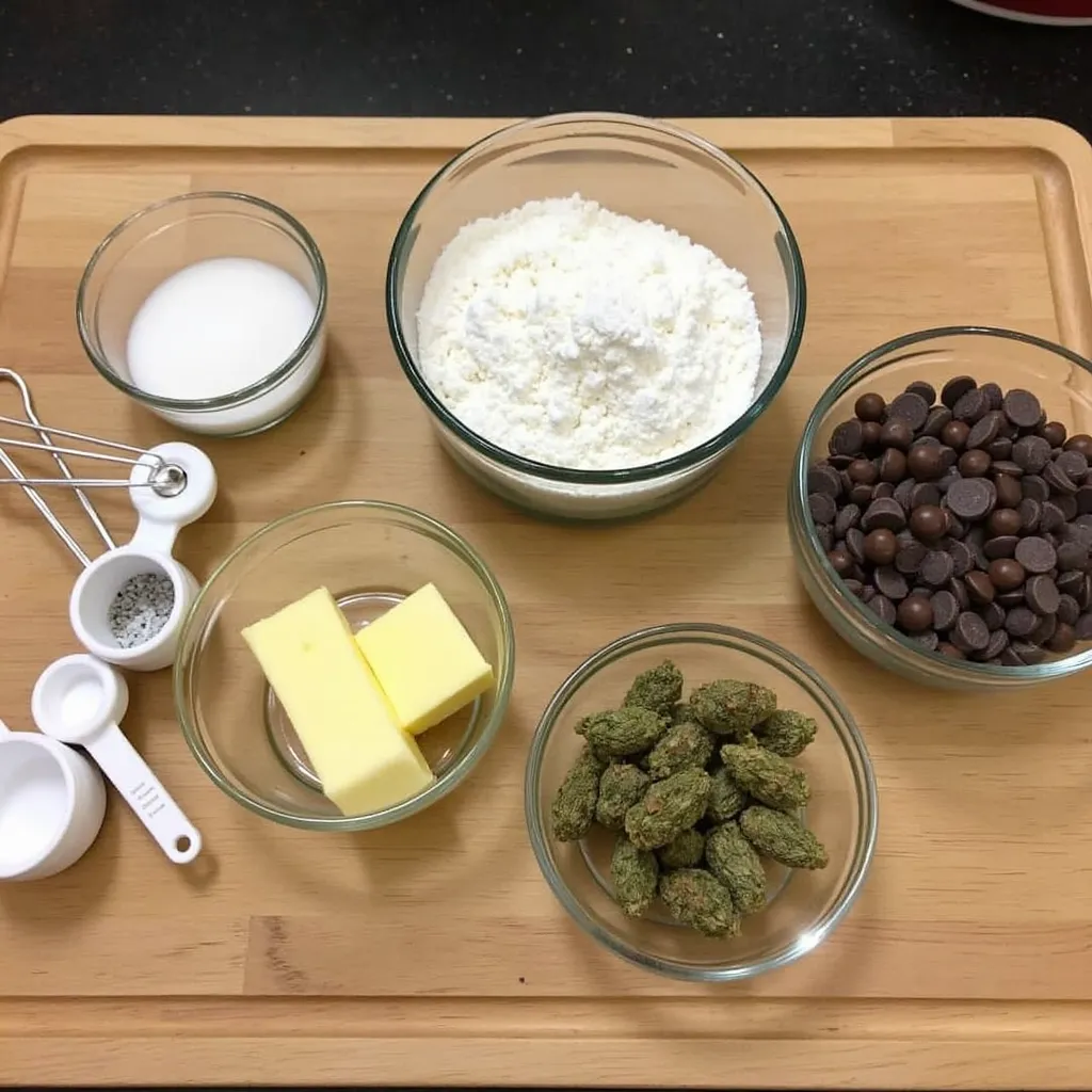 Ingredients for cannabis cookies, featuring cannabutter, sugar, flour, and chocolate chips on a wooden countertop.