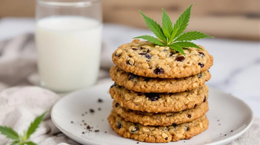 A stack of cannabis oatmeal raisin cookies with a cannabis leaf garnish and a glass of milk nearby.