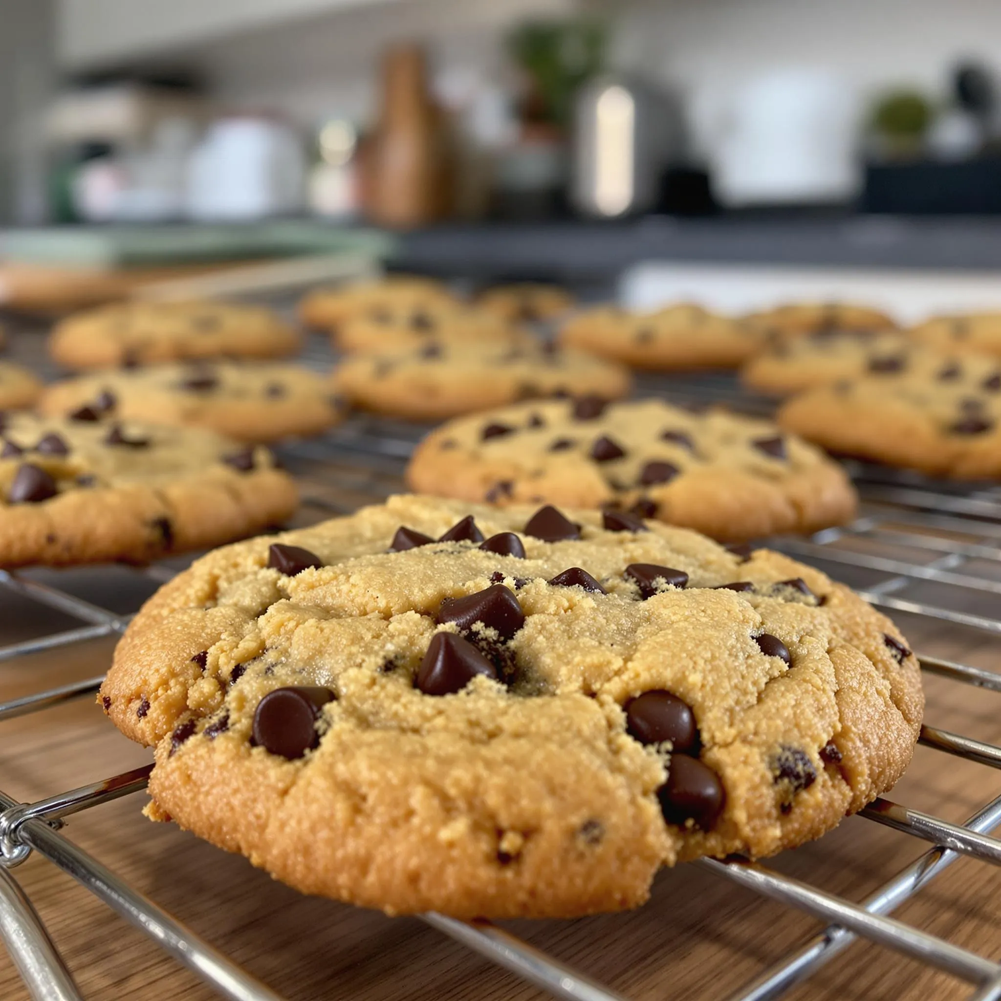 Freshly baked cannabis chocolate chip cookies on a cooling rack in a kitchen setting.