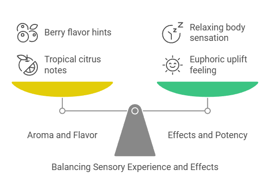 Infographic describing Barneys Mimosa Evo with details on aroma, flavor, potency, effects, and terpene composition