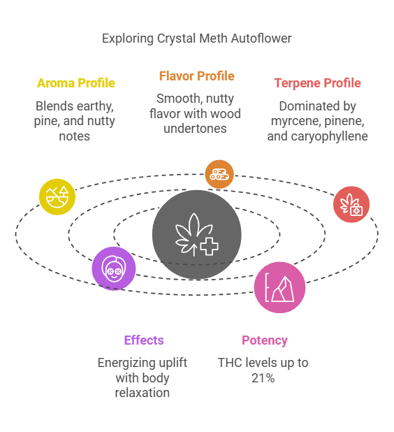 Infographic detailing Crystal Meth Autoflower strain with aroma, flavor, terpene profile, effects, and potency information