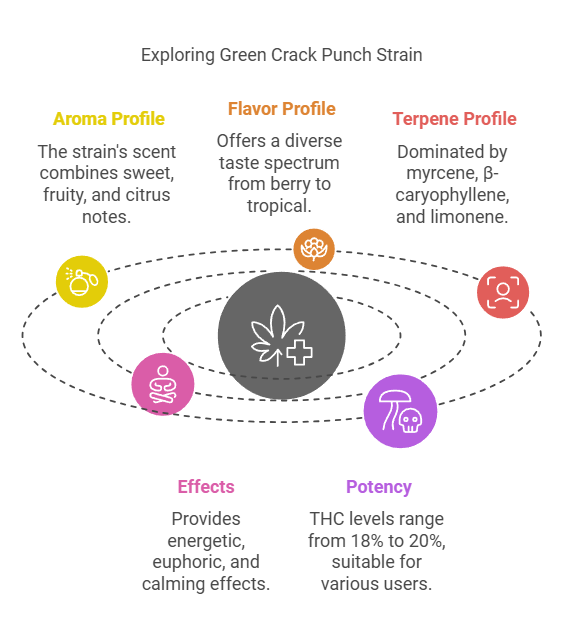 Diagram detailing Green Crack Punch Strain's aroma, flavor, terpene profile, effects, and potency levels