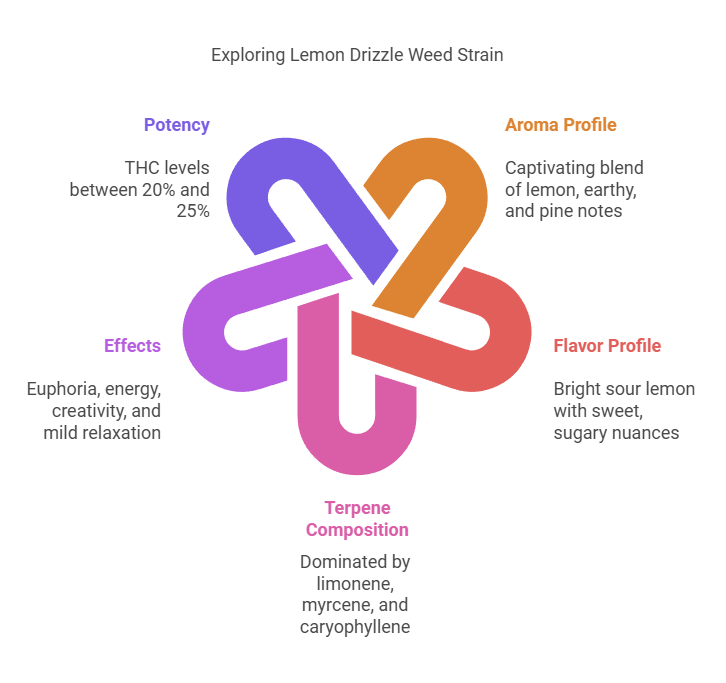 Infographic describing Lemon Drizzle weed strain with details on aroma, flavor, potency, effects, and terpene composition