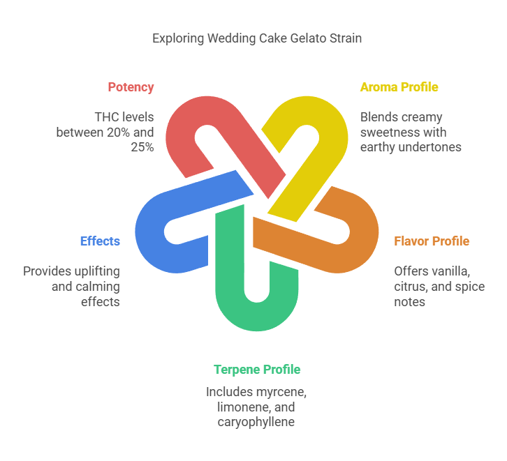 Infographic showcasing Wedding Cake Gelato strain's potency, aroma, flavor, terpene profile, and uplifting effects.