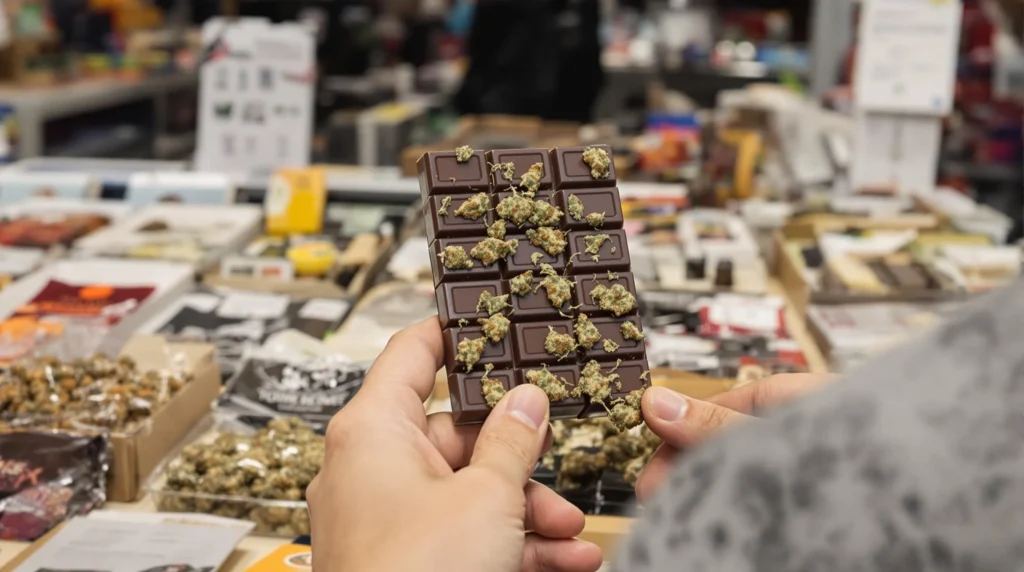 Customer examining cannabis chocolate label in a dispensary for potency and dietary options.