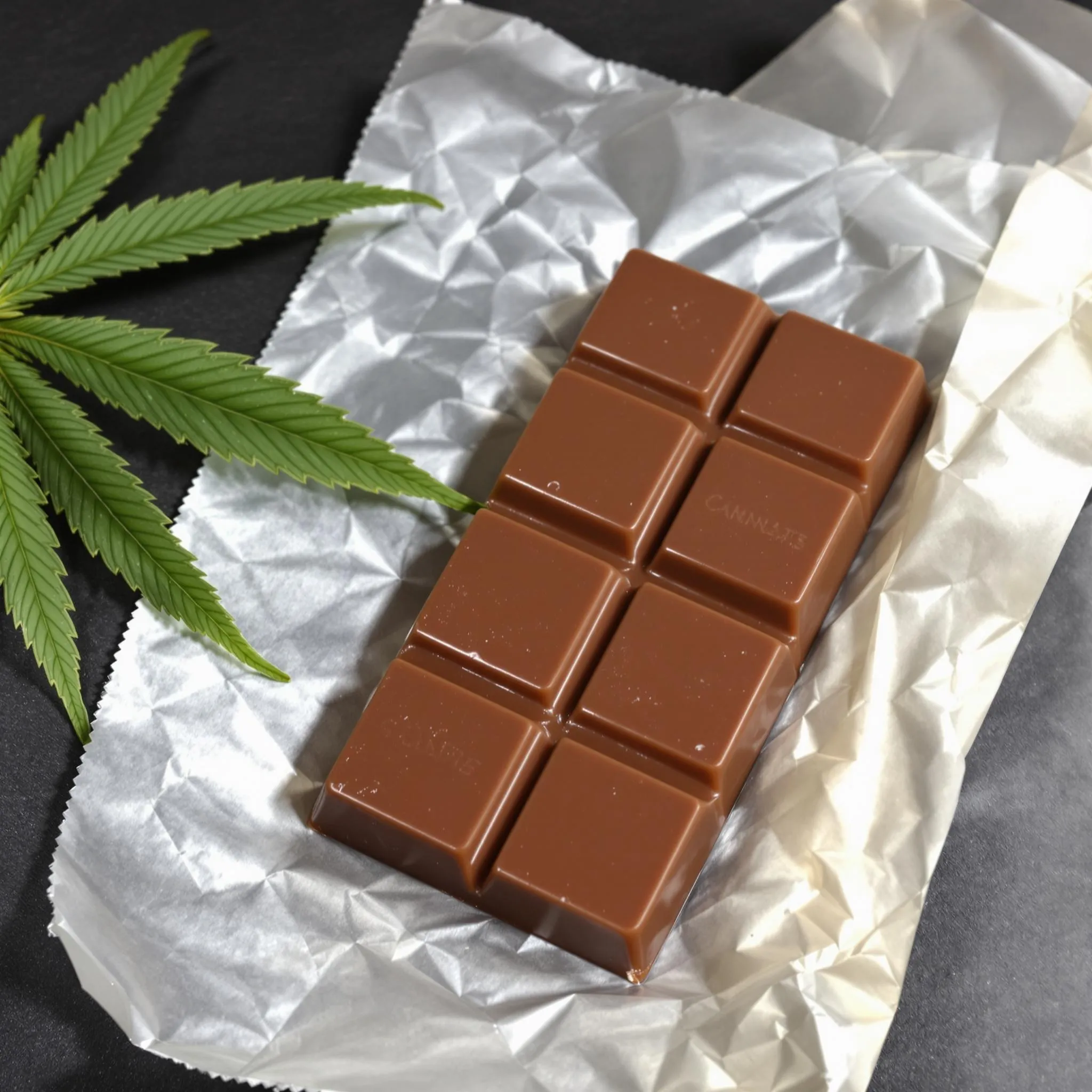 Unwrapped cannabis chocolate bar with segmented pieces and THC labeling