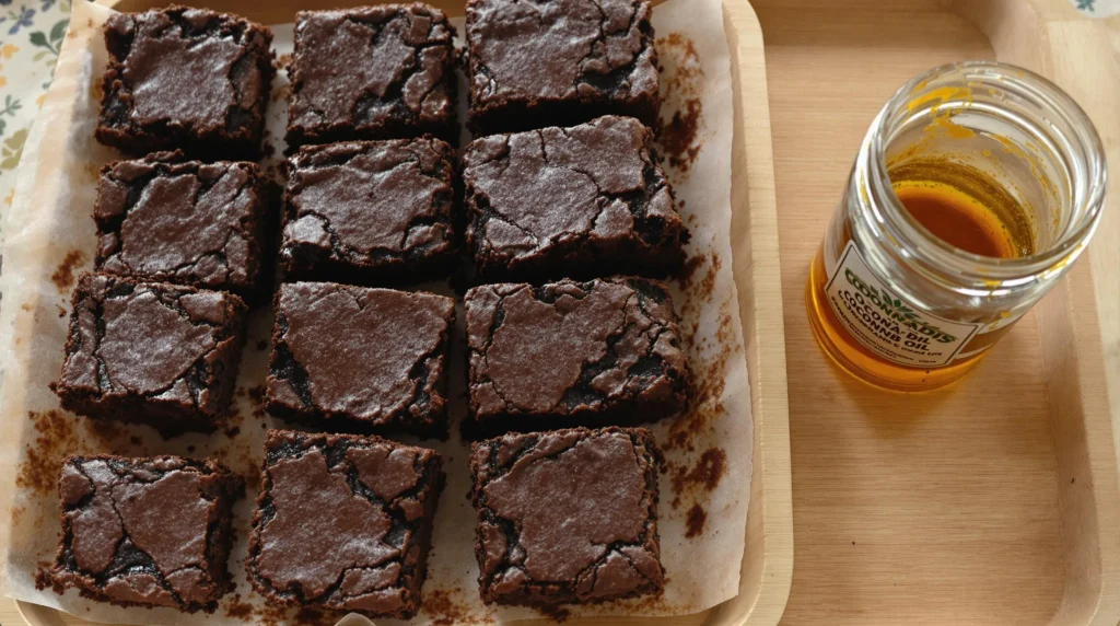 Homemade brownies made with cannabis-infused coconut oil and a jar of the infusion.