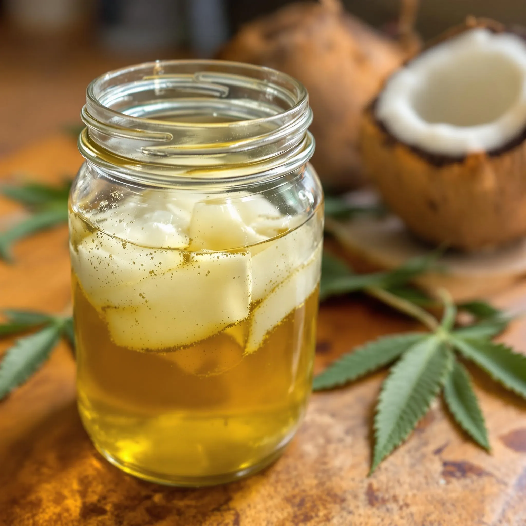 Cannabis-infused coconut oil in a glass jar with cannabis leaves and coconut halves.