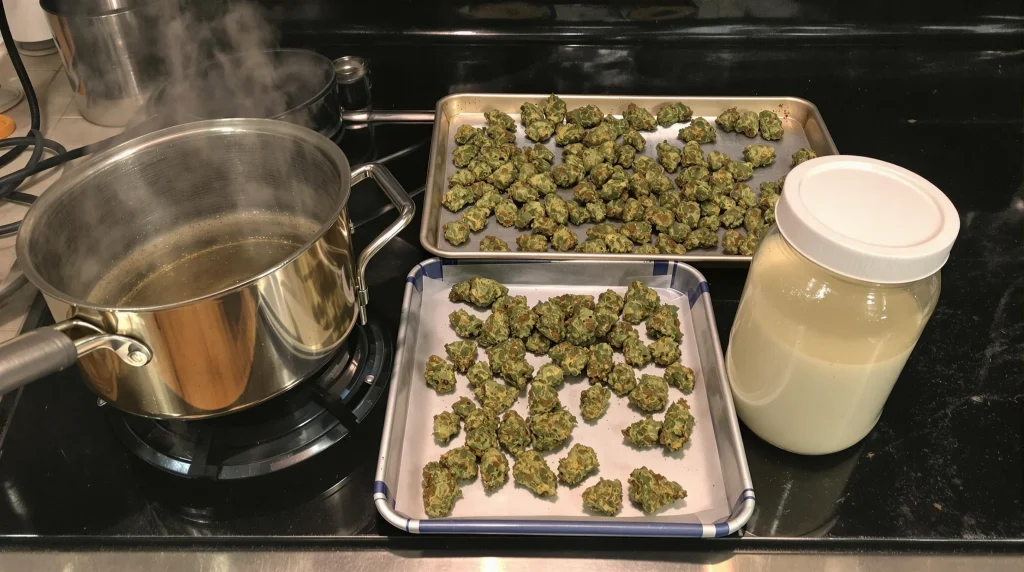 Preparing cannabis coconut oil with a double boiler and decarboxylated cannabis.