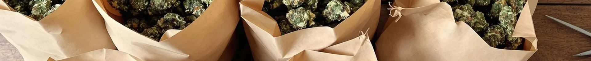 Brown paper bags with dried cannabis buds, scissors, and a hygrometer on a wooden table