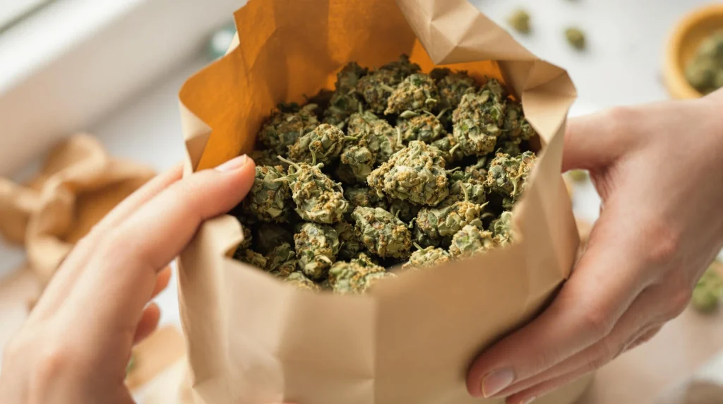 Hands placing trimmed cannabis buds into a brown paper bag for curing.