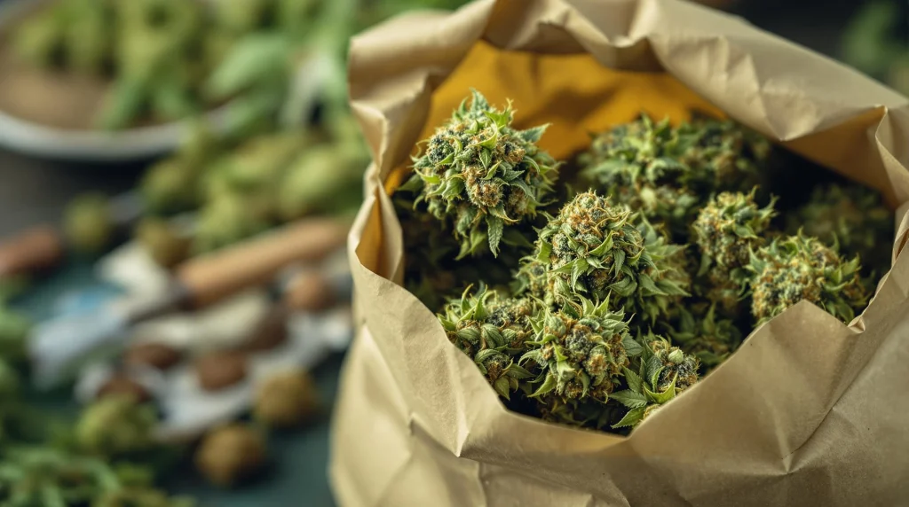 Vibrant cannabis buds inside a paper bag with curing tools in the background.