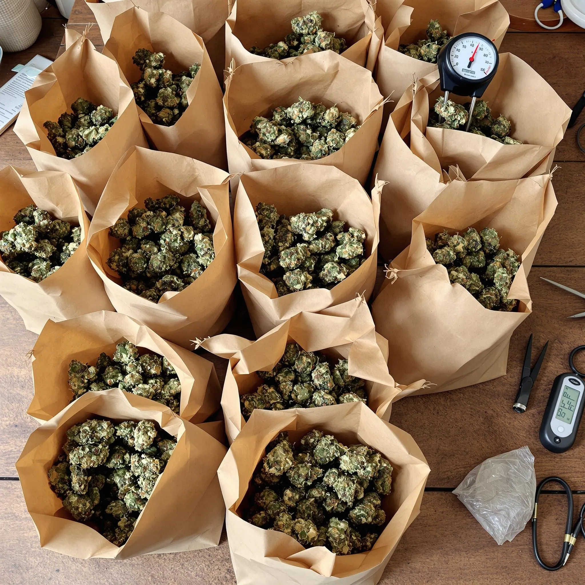 Brown paper bags with dried cannabis buds, scissors, and a hygrometer on a wooden table