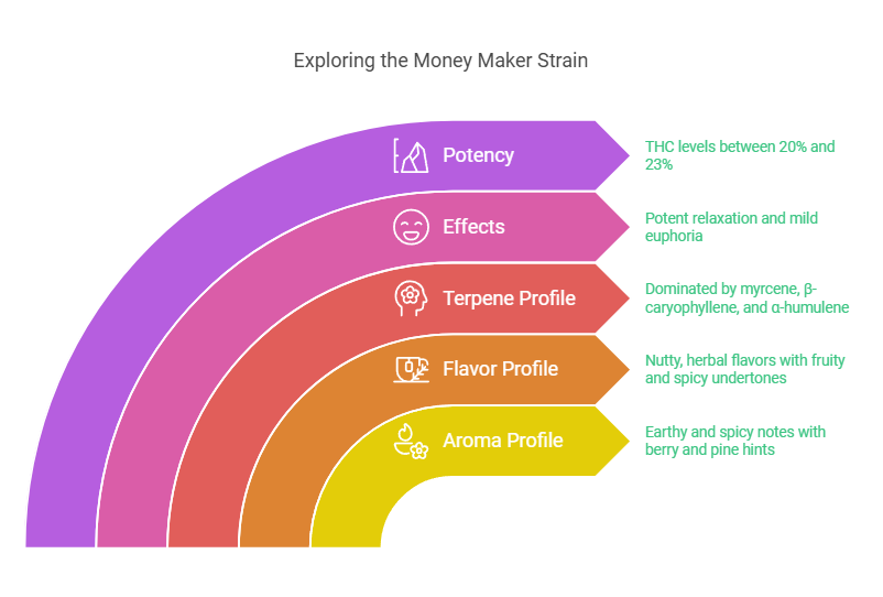 Money Maker Strain diagram exploring potency, effects, terpene profile, flavor profile, and aroma profile