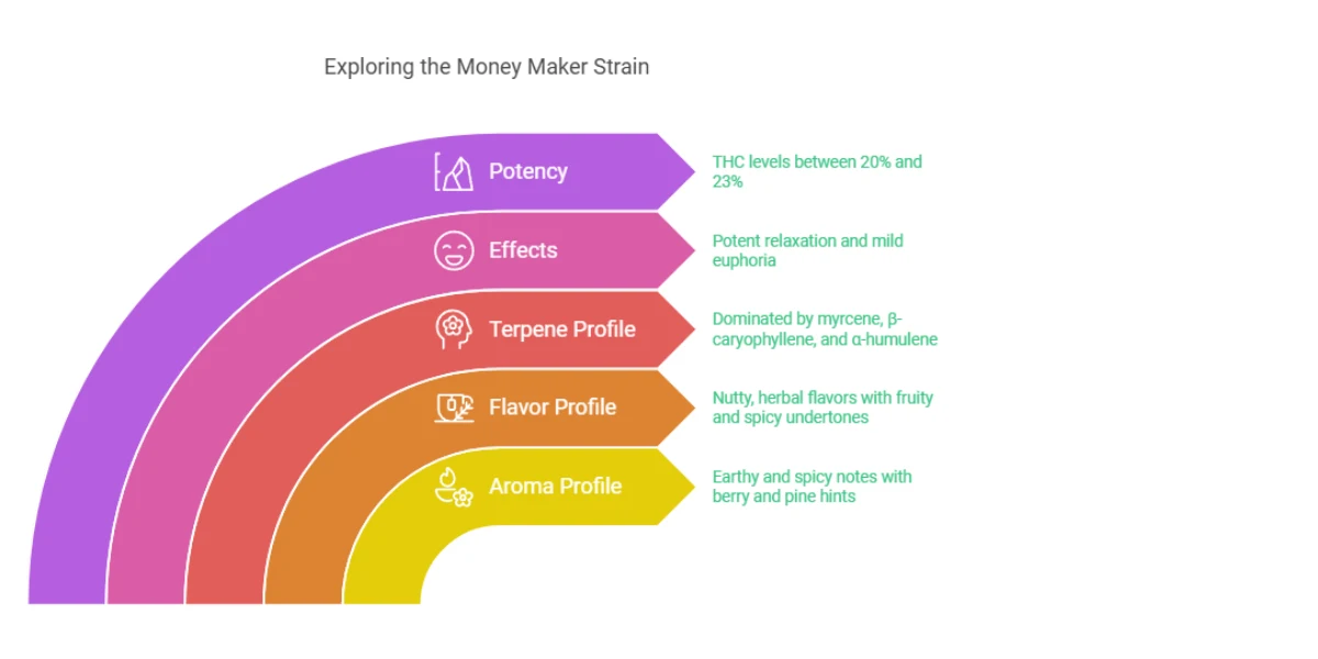 Money Maker Strain diagram exploring potency, effects, terpene profile, flavor profile, and aroma profile