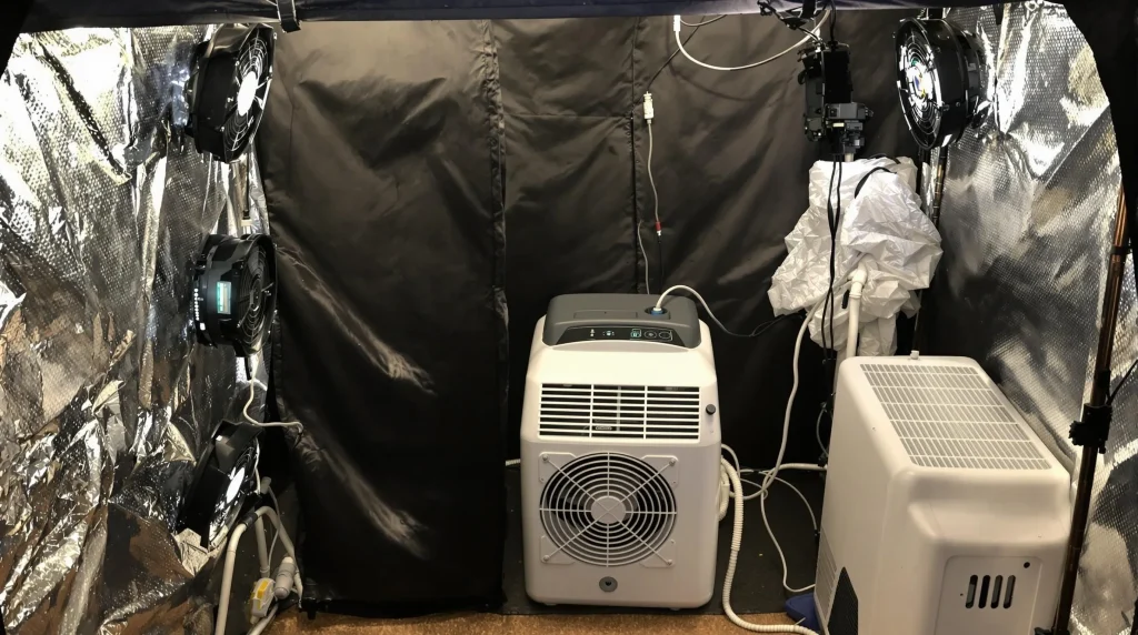 Grow tent setup with fans, lights, and a dehumidifier ensuring proper humidity control.