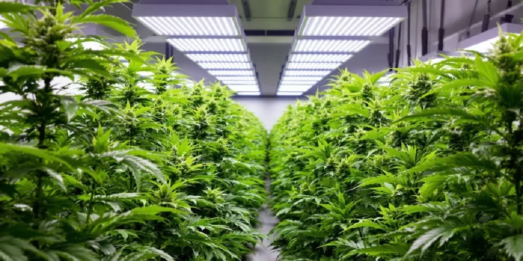 Indoor cannabis grow room with healthy plants under LED lights.