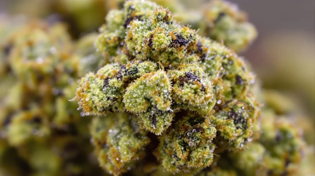 Close-up of cannabis buds rich in guaiol terpene with visible trichomes.