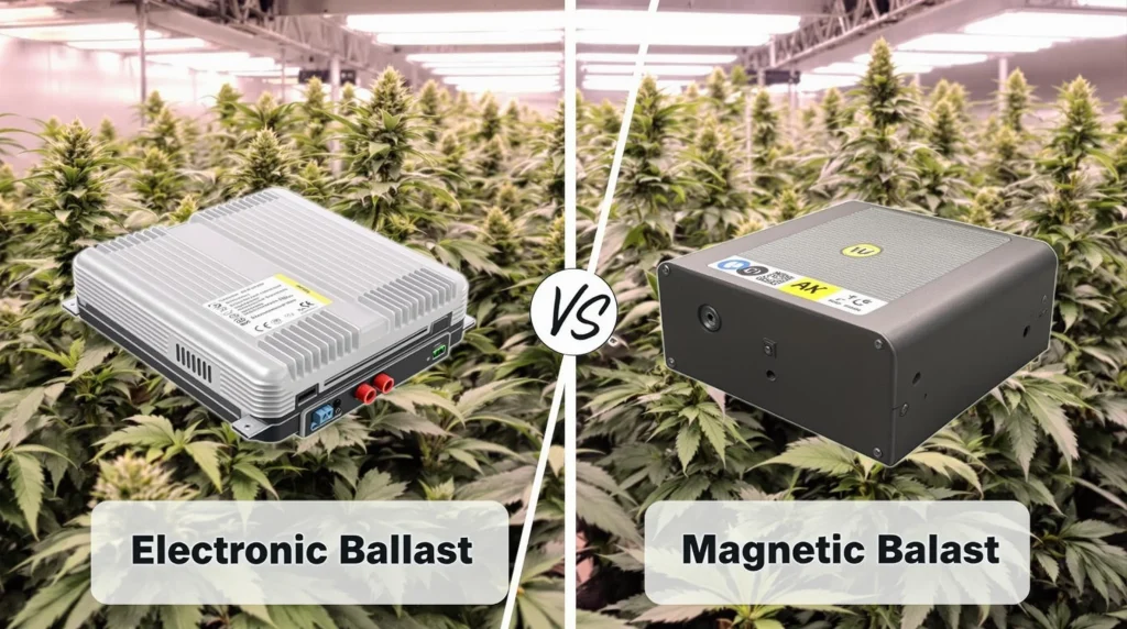 Comparison of electronic ballast vs magnetic ballast for cannabis grow lights.