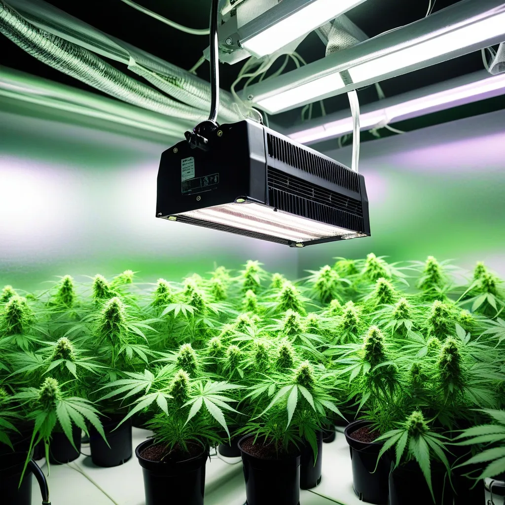 HID lamp electronic ballast set up in a cannabis grow room for efficient lighting and plant growth.