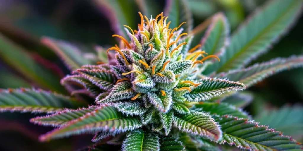 Close-up of a cannabis plant in full bloom with frosty trichomes and orange pistils.