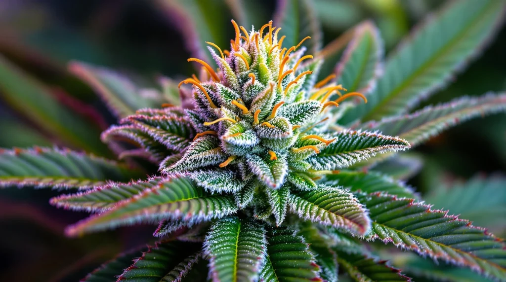 Close-up of a cannabis plant in full bloom with frosty trichomes and orange pistils.