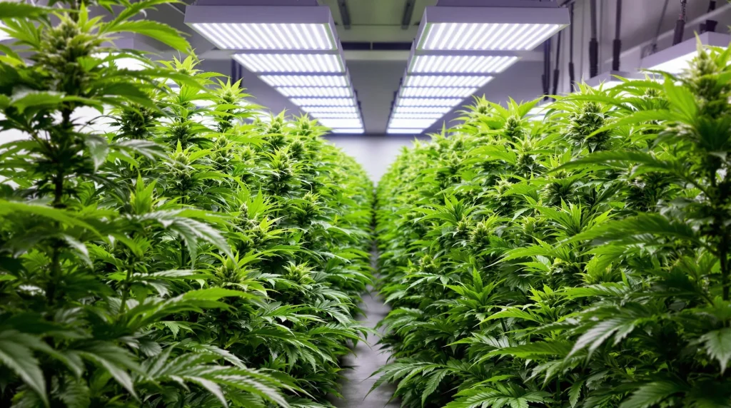 Indoor cannabis grow room with healthy plants under LED lights.