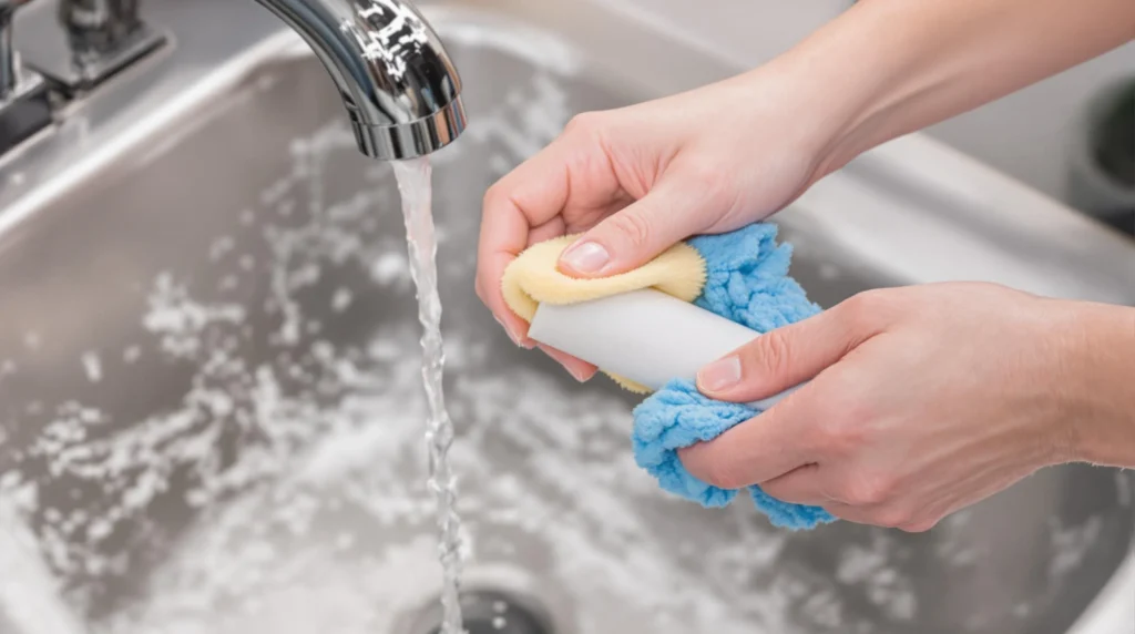 Hands scrubbing a silicone pipe under running water with a brush.