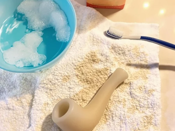 Disassembled silicone pipe with cleaning tools like baking soda, dish soap, and a toothbrush.
