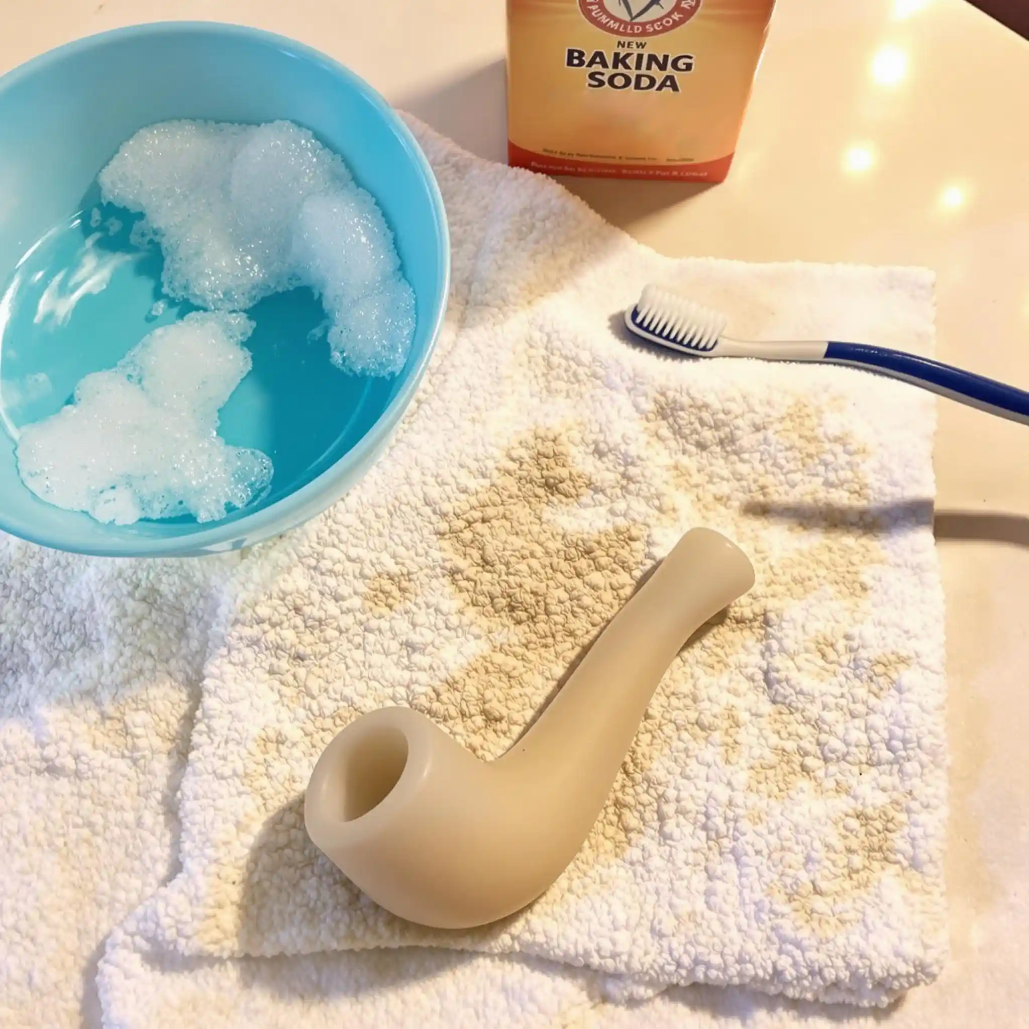 Disassembled silicone pipe with cleaning tools like baking soda, dish soap, and a toothbrush.