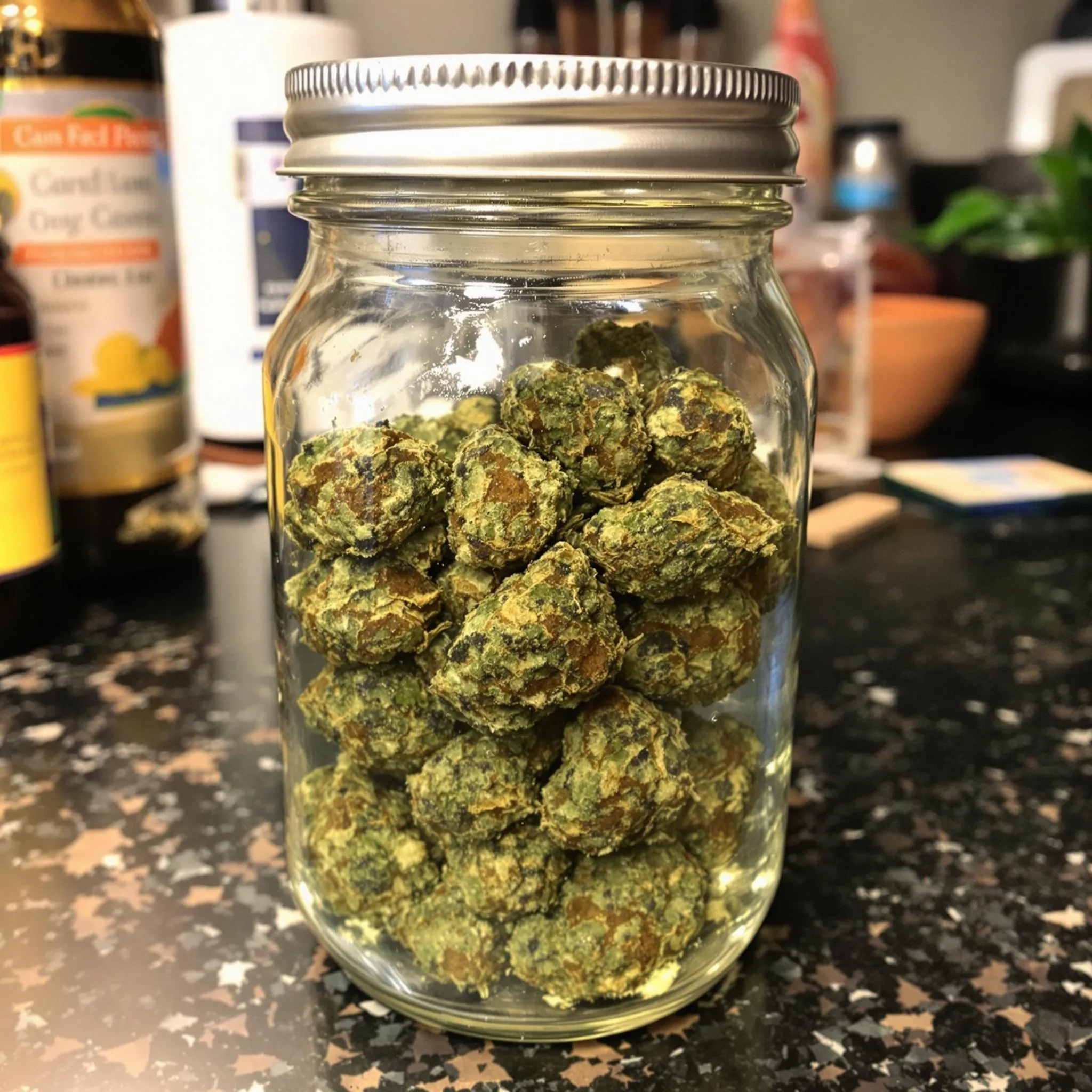 Jar with cannabis and alcohol for making THC tincture at home.