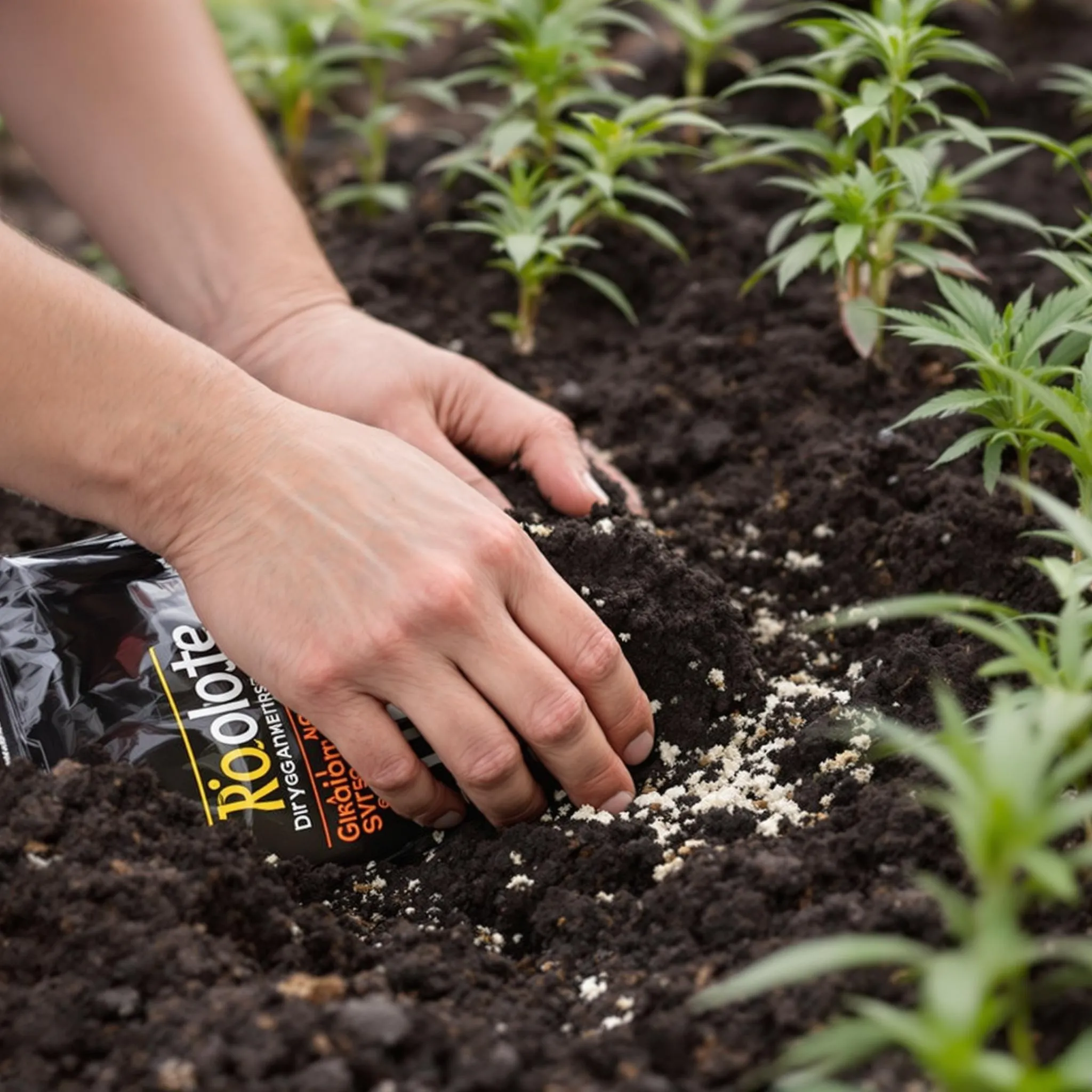 Gardener mixing Roots Organic Dry Amendments into soil with cannabis seedlings in the background.