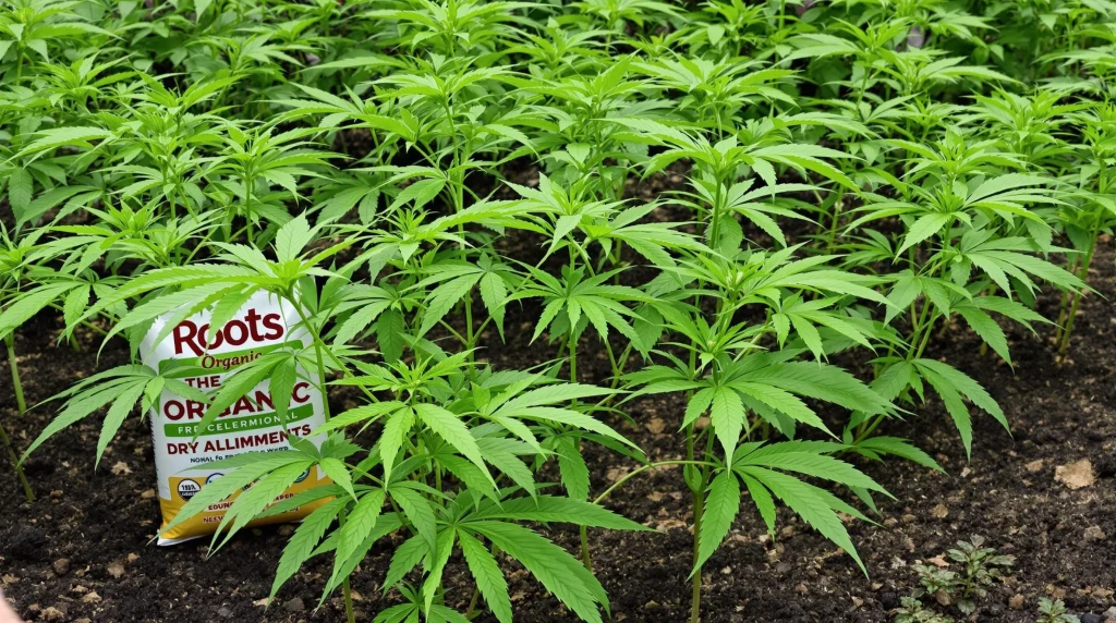 Healthy cannabis plants growing in rich soil treated with Roots Organic Dry Amendments.