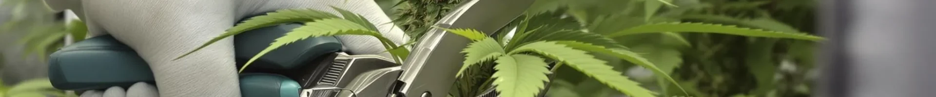 Grower trimming cannabis during flowering with sterilized pruning shears to improve light and airflow.