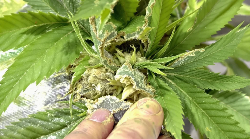 Removing cannabis fan leaves during flowering to enhance bud growth and light distribution.