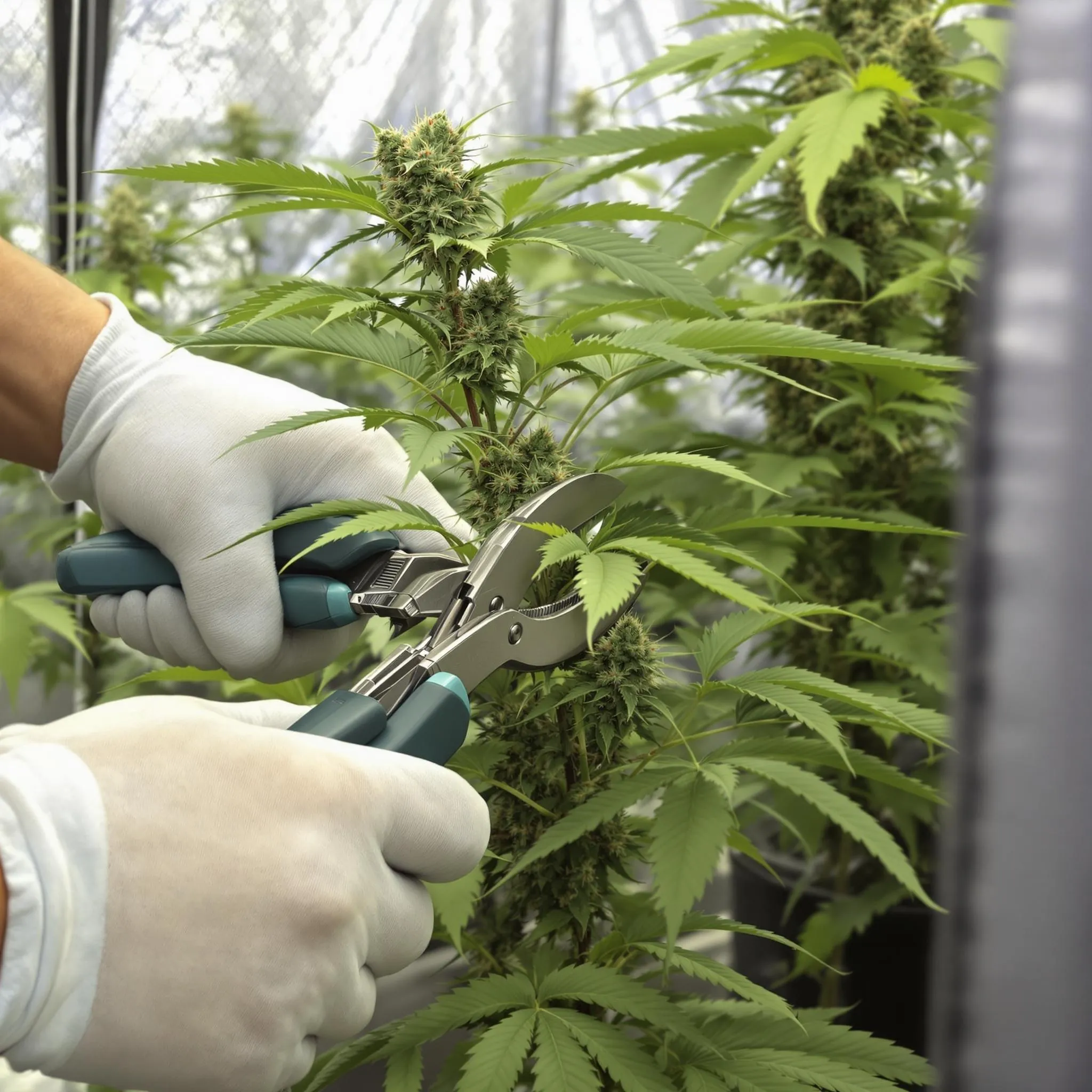 Grower trimming cannabis during flowering with sterilized pruning shears to improve light and airflow.