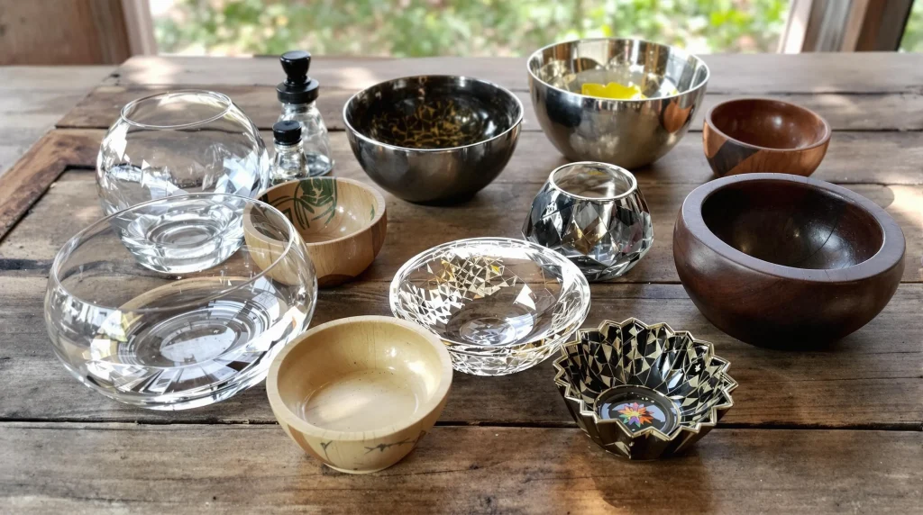 Variety of weed bowls in glass, metal, and wood for cannabis smoking.