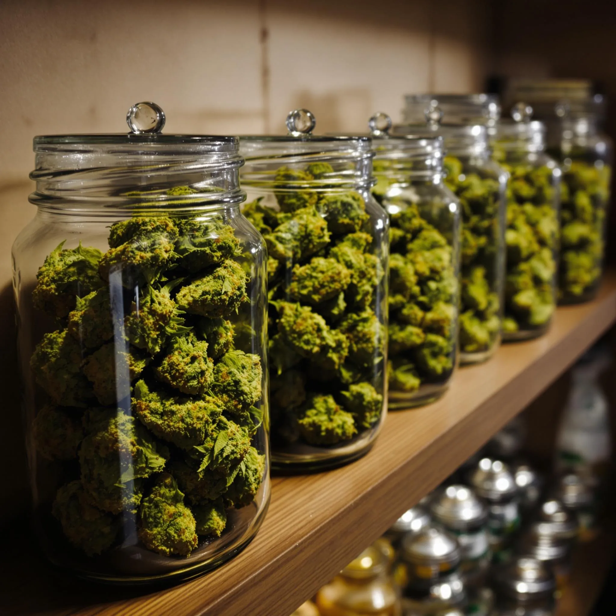 Glass jars for weed storage to preserve freshness and flavor.