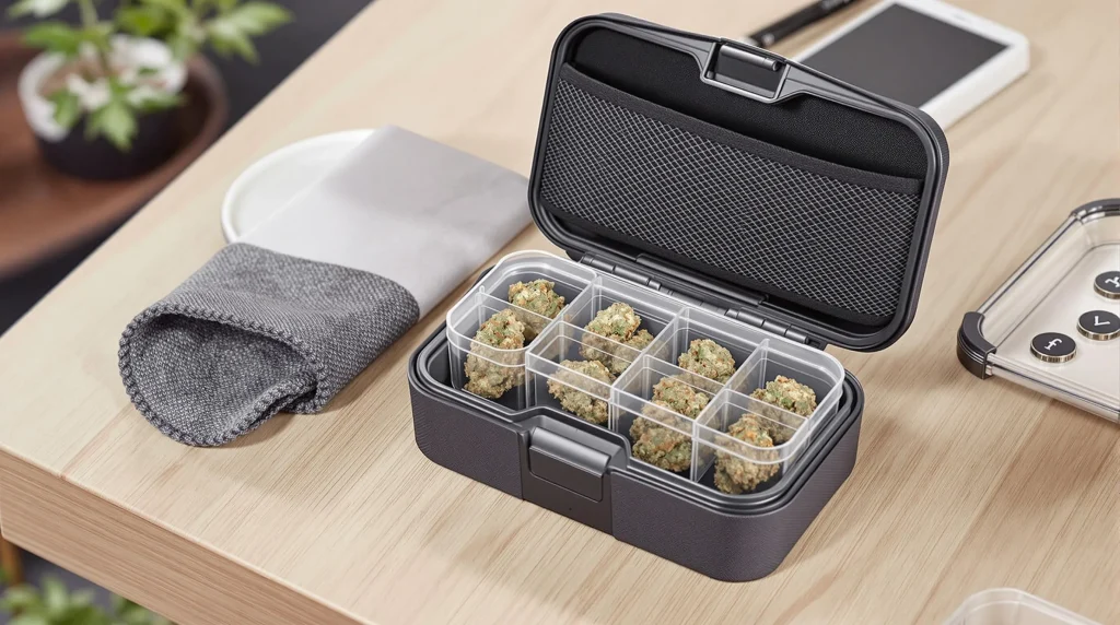 Portable weed storage container for traveling securely with cannabis.