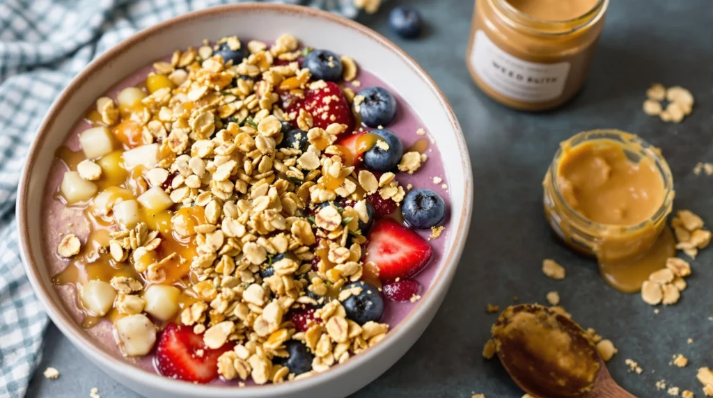 Smoothie bowl with weed butter, fresh fruits, and granola toppings.