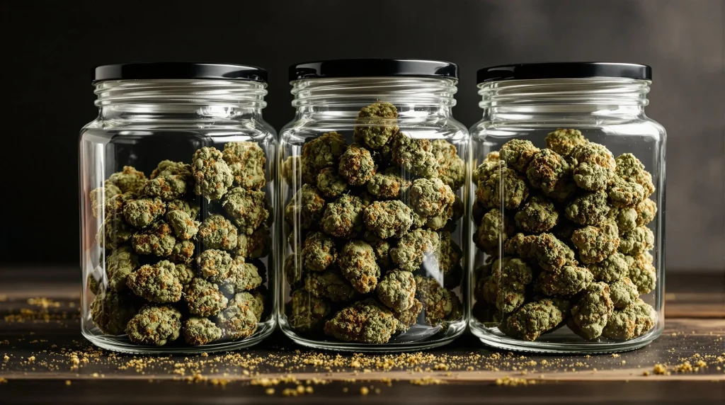 Airtight glass jars and humidity packs for storing dank weed.