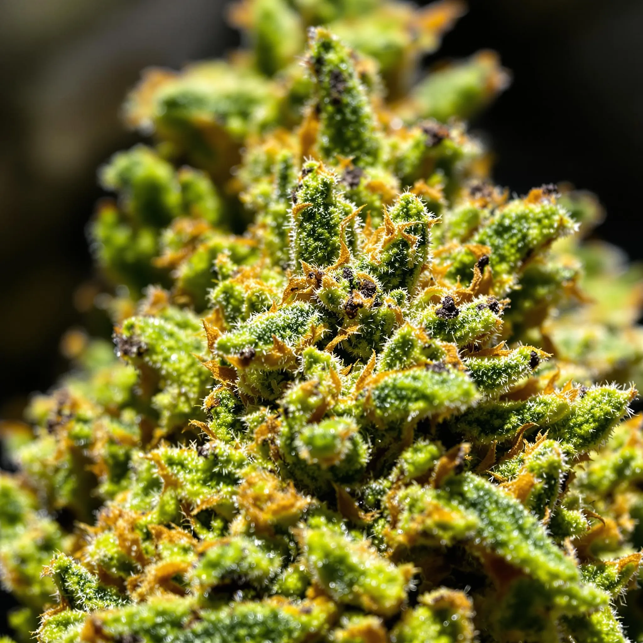 Close-up of high-quality dank weed with glistening trichomes and vibrant colors.