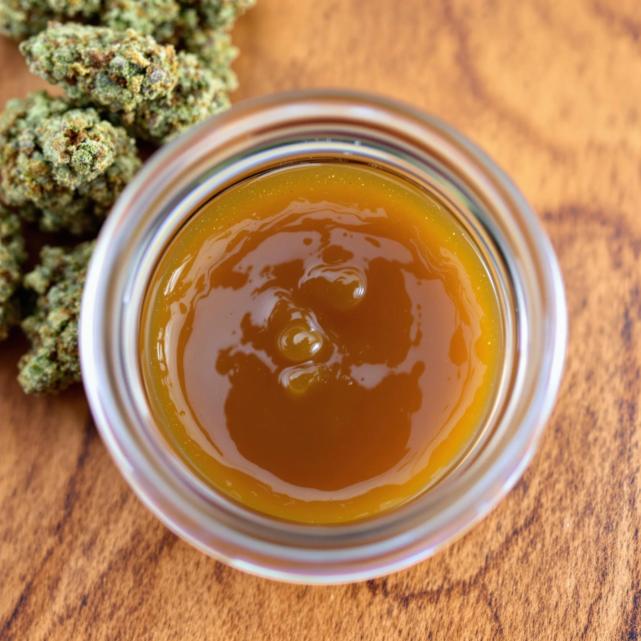 Amber terp sauce in a glass jar next to cannabis buds on a wooden surface."