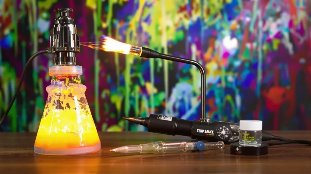 Dab rig setup with a terp sauce tool and torch against a vibrant background.