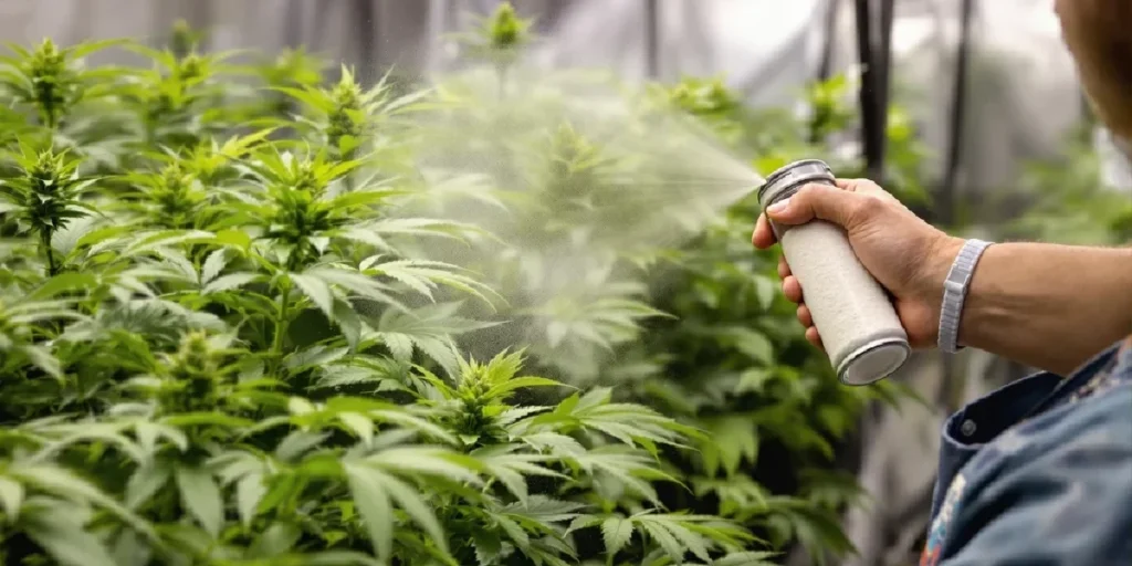 Person spraying diatomaceous earth solution on cannabis plants.
