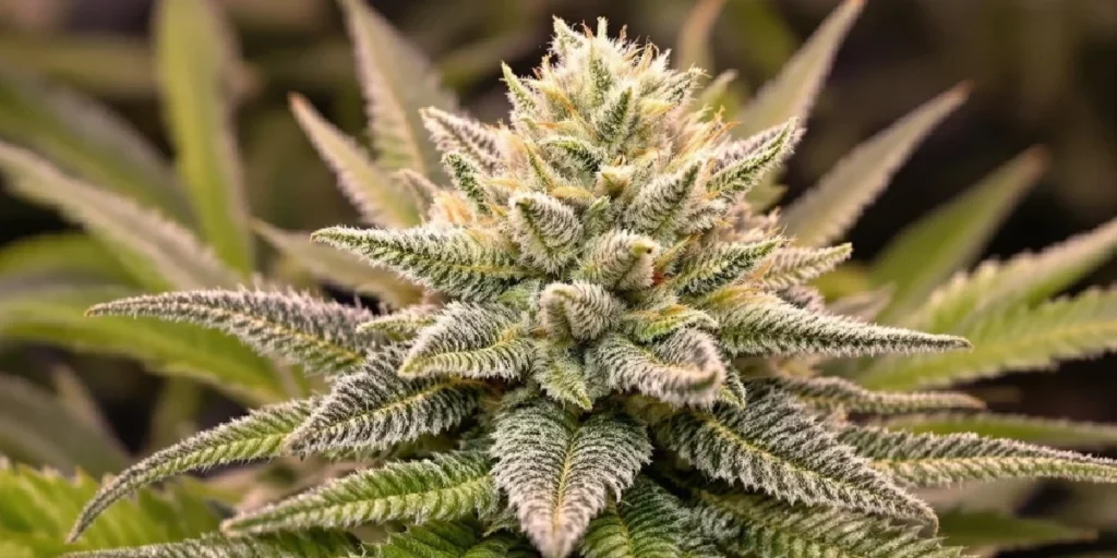 close up of autoflower cannabis bud covered in trichomes under indoor lighting