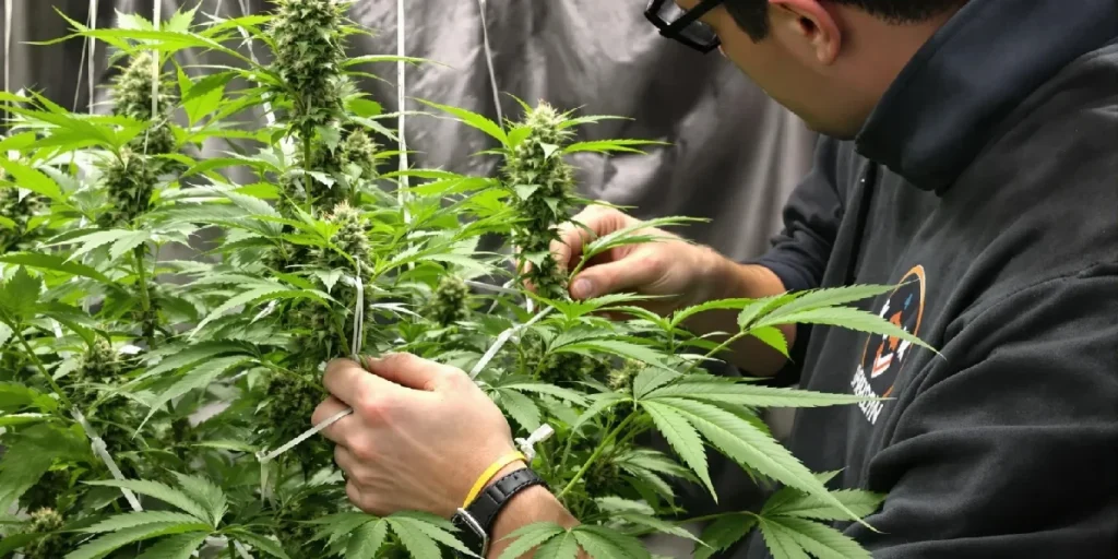 cutting the main stem of an autoflower cannabis plant during early growth stage