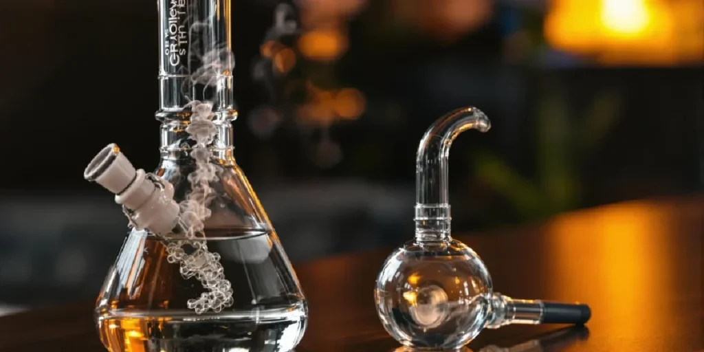 Difference between a bong and a bubbler with large glass bong producing smoke and smaller bubbler beside it.