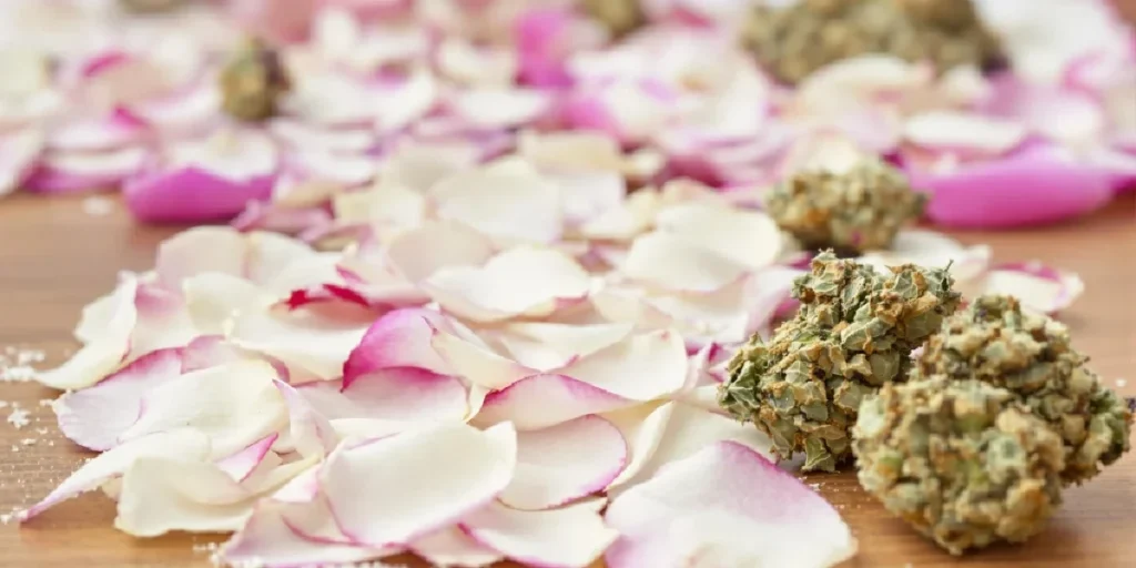 cannabis buds with rose petals used as natural rolling wrap alternative